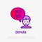 Orphan thin line icon: sad child with speech bubble `Need mom`. Modern vector illustration of adoption