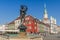 Orpheus statue and Town Hall on old market square, Poznan, Poland.