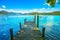 Orta Lake landscape. Wooden pier or jetty and Orta San Giulio vi