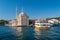 Ortakoy Mosque. Boat at the Ortakoy Mosque in the Bosphorus in Istanbul. Istanbul. Turkey. 09/25/2021