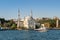 Ortakoy Mosque. Boat at the Ortakoy Mosque in the Bosphorus Strait in Istanbul. Istanbul. Turkey - 09.25.2021