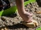 ORTH, AUSTRIA - 09/15/2020: Children hand making animal footprints in sand