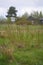 Orthern russian village by the green grass, blue grey, cloudy sky.