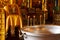 Orthodox baptism bowl of holy water and candles