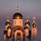 Orthodox cathedral with sunset illumination