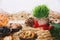 Orthodox Christmas Traditions. Yule log or badnjak, green wheat and traditional food on Christmas Eve