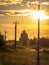 Orthodox Church on the background of sunset in Central Russia.