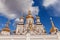 Orthodox church with golden domes, Trinity cathedral and bell tower in Pochaev Lavra Pochayiv Lavra, Ukraine