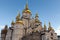 Orthodox church with golden domes, Trinity cathedral and bell tower in Pochaev Lavra Pochayiv Lavra, Ukraine