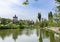 Orthodox Curchi monastery in Moldova with gren trees and blue sky