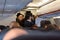 Orthodox Jewish men pray on a airplane during flight