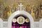 Orthodox white marble iconostasis and mosaic icons