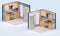 Orthographic view of kitchen with cabinets Isometric view 3d rendering
