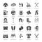 Orthopedics, trauma rehabilitation glyph icons. Crutches, mattress pillow, cervical collar, walkers, medical rehab goods