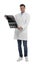 Orthopedist holding X-ray picture on background