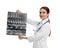 Orthopedist holding X-ray picture on background