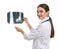 Orthopedist holding X-ray picture on background