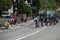 Ortisei, Italy May 25, 2017: Group of professional cyclists , with Bob Jungels in white jersey, during a fast descent