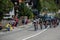 Ortisei, Italy May 25, 2017: Group of professional cyclists , with Davide Fromolo, during a fast descent