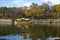 Osaka, Japan - December 10 2019 : Osaka-jo Gozabune Boat cruises around the Osaka Castle inner moat, Eye Level View