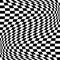 Oscillation, ripple, squeeze warp. Curve, camber element. Wavy, waving distortion on checkered, chequered, chess board pattern.