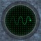 Oscilloscope screen with green wavy trace.