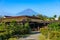 Oshino Hakkai farmhouses with Mt. Fuji on the background