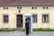 Oslo, Norway-July 27, 2013: Sentry on duty. A soldier of the Norwegian Royal guard of honor stands with a semi-automatic rifle in