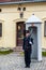 Oslo, Norway-July 27, 2013: Sentry on duty. A soldier of the Norwegian Royal guard of honor stands with a semi-automatic rifle in