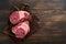 Osso Buco raw steak meat. Barbecue meat. Raw fresh cross cut veal shank and seasonings pepper, rosemary, thyme and salt