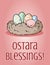 Ostara Blessings pagan holiday postcard. Easter eggs in a nest vector illustration