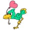 Ostrich cub carries a love balloon in its beak, doodle icon image kawaii