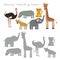 Ostrich elephant giraffe hippopotamus hyena leopard isolated on white background, Shadow Matching Game for Preschool Children. Fin