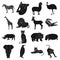 Ostrich emu, crocodile, giraffe, tiger, penguin and other wild animals. Artiodactyla, mammalian predators and animals