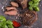 Ostrich steak over wooden background