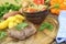 Ostrich steaks with baked potatoes and parsley