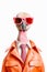 Ostrich wearing pink sunglasses and leather jacket with pink tie. Generative AI