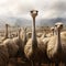Ostriches on a farm, surrounded by misty clouds, serene ambiance