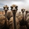 Ostriches on a farm, surrounded by misty clouds, serene ambiance