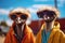 Ostriches in sunglasses and bright jackets