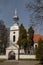 Ostromecko, kujawsko-pomorskie / Poland - April, 3, 2019: Chapel in the cemetery in front of the historic palace. A small historic