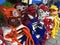 Otavalo, Ecuador, 28-6-2019: Hats in the shape of spiderman and dogs for sale at a market in ecuador