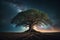 Otherworldly Arboreal Oasis: HD Wallpaper Showcasing Rooted Tree in Cosmic Ambiance