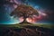 Otherworldly Arboreal Oasis: HD Wallpaper Showcasing Rooted Tree in Cosmic Ambiance