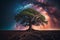 Otherworldly Arboreal Oasis: HD Wallpaper Showcasing Rooted Tree in Cosmic Ambiance