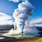 An otherworldly background featuring steam rising from geothermal vents in a volcanic with a geothermal power plant in the