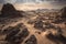 otherworldly desert landscape with strange rock formations, twisted sand dunes, and a purple-hued sky