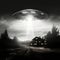 Otherworldly Encounter: Monochrome UFO Hovering Above a Witnessed Rural Abode