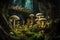 An otherworldly forest of glowing mushrooms, showing the intricate details and luminescence of the fungi. Generative AI