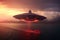 Otherworldly spectacle, Alien spaceship soars above sunset sea, red sky